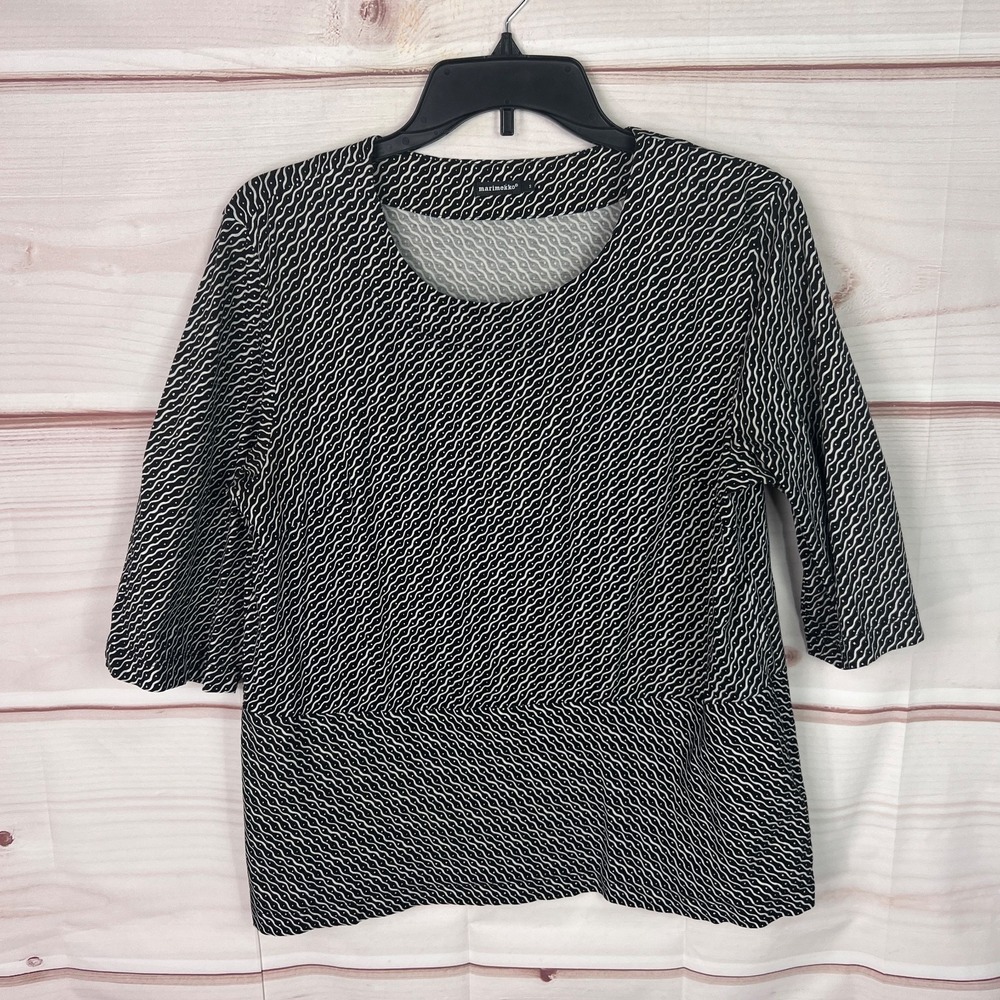 Marimekko Top Women M Black Geometric Print T-Shirt Round Neck 3/4 Sleeve Cotton